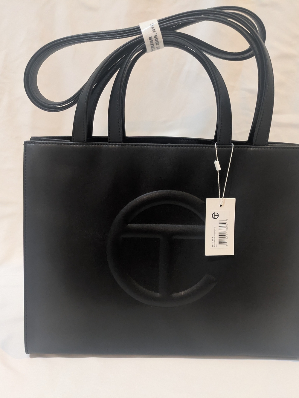 Telfar Black Leather Shopping Tote with Raised Logo